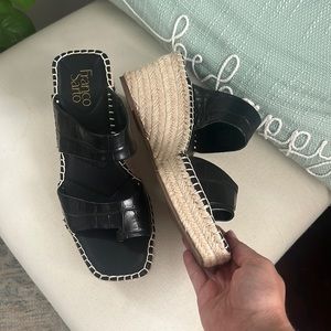 Franco Sarto Black Crocodile Leather Embossed Espadrille Wedge Sandals